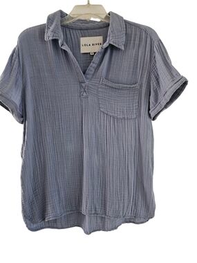 Lola River Camp Shirt Size M Relaxed Blue Pullover V Neck Cotton Top